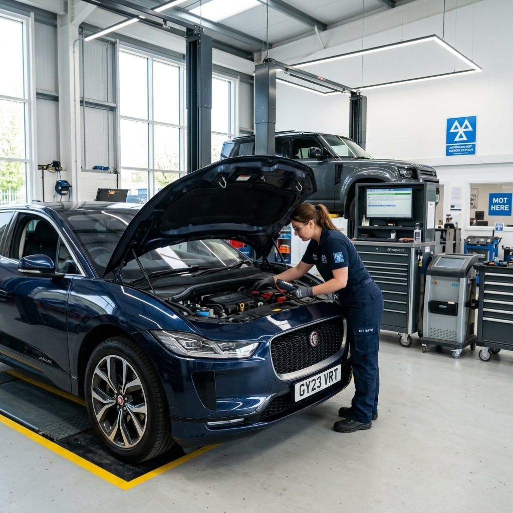 Sleek passenger car undergoing mechanical inspection in a UK MOT testing garage