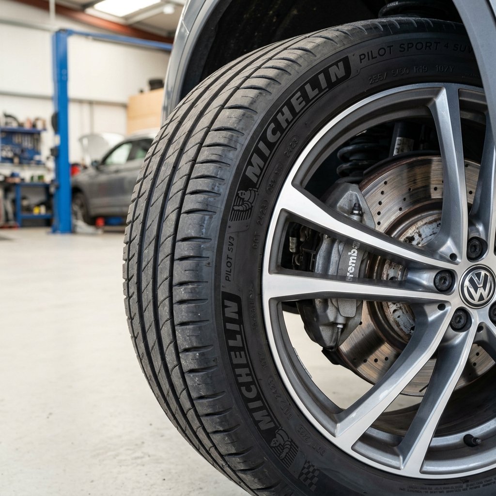 Close-up of a modern vehicle wheel detailing tyre tread and brake discs inspected during the MOT test